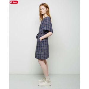 A.P.C. Kentucky Linen Mini Dress Womens Large Blue Plaid Flutter Sleeve Pockets